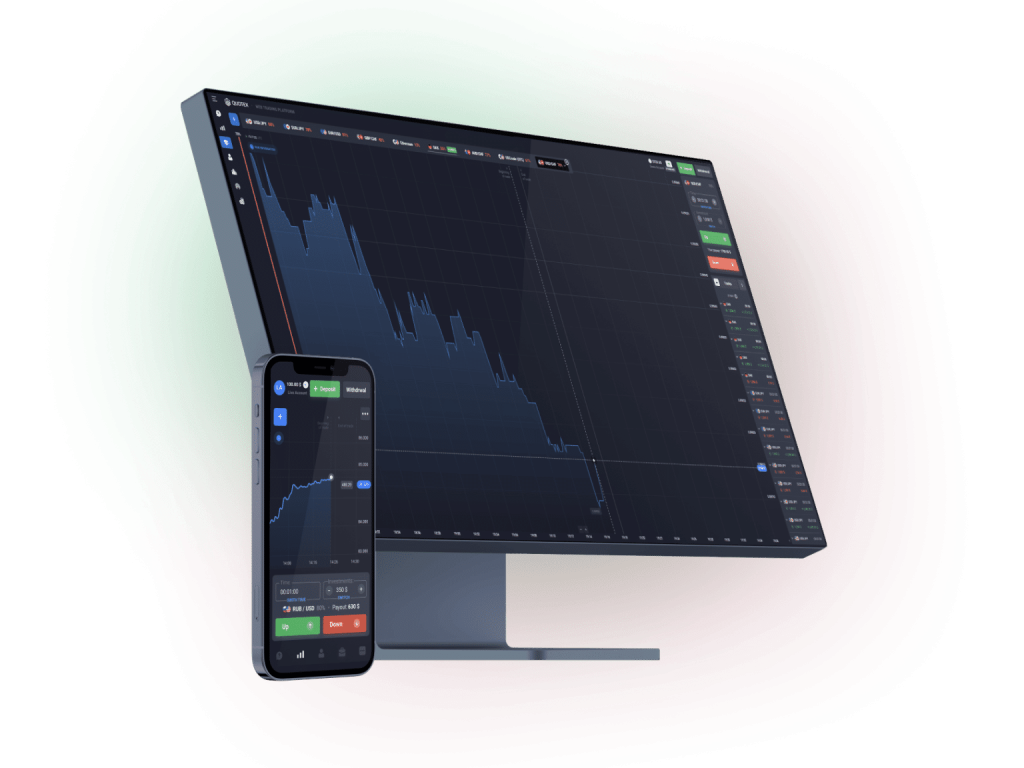Quotex login screen and user dashboard interface